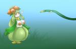 2017 absurd_res areola big_areola big_breasts big_nipples blue_background breasts clothed clothing crown elemental_creature elfdrago exclamation_point female flora_fauna flower garden_hose generation_5_pokemon gradient_background grass green_background headgear hi_res humanoid lilligant looking_aside nature nintendo nipples non-mammal_breasts not_furry orange_eyes orange_sclera outside plant pokemon pokemon_(species) pokemorph pseudo_clothing simple_background sky smile solo standing tiara topless white_body yellow_eyes