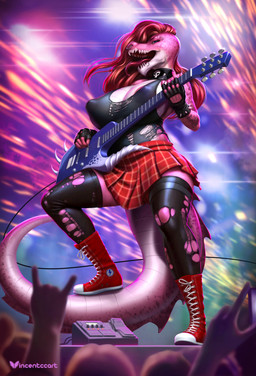 alternative_fashion anthro big_breasts bottomwear breasts choker clothing concert crowd electric_guitar female fireworks gloves goth group guitar handwear huge_breasts jewelry legwear musical_instrument necklace nipple_outline plucked_string_instrument punk rock show skirt slightly_chubby solo string_instrument tights vincentcc nilee_(morphide) crocodile crocodilian reptile scalie absurd_res hi_res