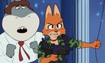 anthro canid canine clothing countershading crossover diane_foxington dreamworks duo explosives eyebrow_piercing facial_piercing female fish fox grenade gun lupin_iii male mammal marine military military_uniform mr._shark_(the_bad_guys) necktie piercing ranged_weapon shark the_bad_guys uniform unseriousguy weapon