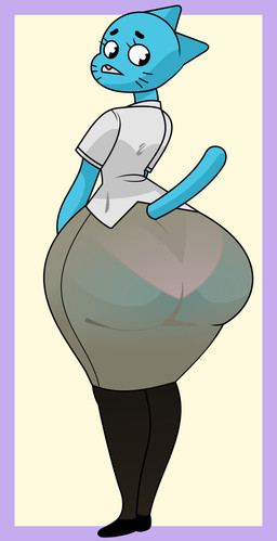 anthro big_butt blue_body blue_fur border bottom_heavy bottomwear butt butt_focus clothed clothing collared_shirt dress_shirt eyelashes female footwear fur furgonomics grey_bottomwear grey_clothing grey_skirt huge_butt huge_hips legwear looking_back pencil_skirt pink_clothing pink_underwear purple_border rear_view shirt shoes simple_background skirt solo stockings tail tail_through_skirt tan_background topwear translucent translucent_bottomwear translucent_clothing translucent_skirt underwear whiskers white_clothing white_shirt white_topwear wide_hips tail-blazer third-party_edit buxely_(colorist) cartoon_network the_amazing_world_of_gumball nicole_watterson domestic_cat felid feline felis mammal absurd_res color_edit colored hi_res