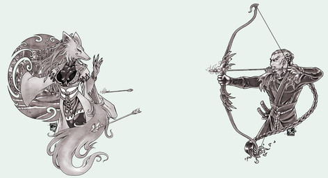 anthro armor arrow_(weapon) book bow_(weapon) breasts claws cleavage clothed clothing duo female fire hair legwear magic magic_user male melee_weapon plushie ponytail portal raised_hand ranged_weapon robe simple_background stockings sword tattoo teddy_bear weapon syyslilja exalted canid canine fox human mammal hi_res monochrome