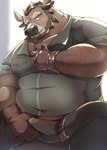 anthro belly blush bottomwear brown_body bulge clothing kemono male musclegut muscular overweight overweight_male pants scar shirt sitting solo topwear emufu bovid bovine cattle mammal 2025 hi_res