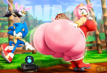 accessory anthro big_breasts big_butt boots bracelet breasts bubble_shield bulging_eyes butt butt_expansion clothed clothing crt_monitor dress duo expansion female footwear freckled_butt freckled_legs freckled_thighs freckles gameplay_mechanics gloves green_eyes green_hill_zone hair_accessory hairband hand_on_butt handwear high_heeled_boots high_heels huge_butt hyper hyper_butt jewelry larger_male looking_back machine male nipple_outline no_underwear on_model onomatopoeia overweight overweight_female pink_body shoes size_difference smaller_male smile sound_effects tail text thick_thighs thigh_expansion cindablimp dreamz_isgay perros_god sega sonic_the_hedgehog_(series) amy_rose sonic_the_hedgehog badnik buzzbomber eulipotyphlan hedgehog mammal 2026 3d_(artwork) digital_media_(artwork) hi_res