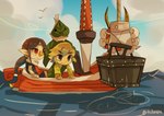 beak blonde_hair boat brown_hair clothing cloud day female group hair humanoid_pointy_ears light_body light_skin male pointy_ears shirt simple_background smile topwear tunic vehicle water watercraft wet tokuura nintendo the_legend_of_zelda wind_waker king_of_red_lions makar medli toon_link animal_humanoid avian avian_humanoid humanoid hylian korok rito rito_humanoid signature