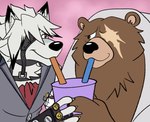 anthro brown_body brown_fur drinking_straw duo facial_scar fur harness leather leather_harness male male/male missing_eye red_eyes scar sharing_beverage white_body white_fur edtertainerd mihoyo zenless_zone_zero ben_bigger von_lycaon bear canid canine canis mammal wolf hi_res