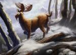 antlers feral forest horn plant quadruped side_view snow solo text tree john_severin_brassell hasbro magic:_the_gathering wizards_of_the_coast cervine deer elk mammal official_art url