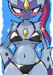 anthro arm_tuft black_clothing black_swimwear blue_background blush blush_lines breasts chest_gem clothing denbukuro elbow_tuft eyelashes female forehead_gem front_view fur gem generation_8_pokemon grey_body grey_fur looking_at_viewer medium_breasts navel nintendo pokemon pokemon_(species) purple_body purple_fur red_eyes shoulder_tuft simple_background snaggle_tooth sneasler solo sparkles swimwear thick_thighs tuft white_background wide_hips