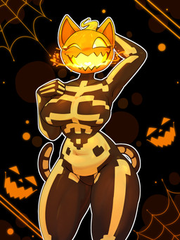 anthro big_breasts bodysuit breasts clothing female food for_a_head fruit hand_behind_head one_eye_closed open_mouth plant pumpkin pumpkin_head skinsuit solo tight_clothing wide_hips wink 87_god epic_games fortnite spice_(fortnite) domestic_cat felid feline felis mammal object_head 3:4 hi_res