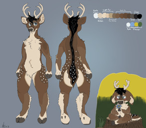 anthro antlers black_hair blue_eyes blush brown_body brown_fur chibi color_swatch flower fur grass hair hooves horn male markings plant simple_background sitting_on_stump smile solo spots spotted_body spotted_fur spotted_markings text tree_stump nexz aster_(nexz) deer mammal absurd_res english_text hi_res model_sheet