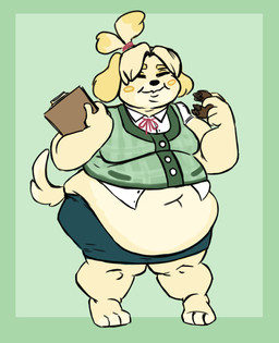 anthro barefoot belly belly_overhang belly_peeking_out big_belly big_cheeks blonde_hair breasts cardigan chubby_cheeks clipboard clothing collared_shirt dessert double_chin doughnut dress_shirt eating eating_food exposed_belly eyes_closed feet female food green_background hair hair_bun happy holding_clipboard holding_doughnut holding_food holding_object medium_breasts natural_breasts navel obese obese_anthro obese_female overweight overweight_anthro overweight_female pastry shirt simple_background smile solo tail topwear yellow_body sneetsnirt animal_crossing nintendo isabelle_(animal_crossing) canid canine canis domestic_dog mammal shih_tzu toy_dog 2018 digital_drawing_(artwork) digital_media_(artwork) full-length_portrait hi_res portrait