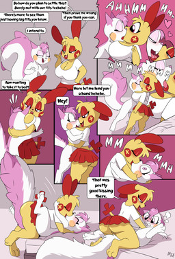 anthro bed big_breasts big_tail biped black_nose blush bottomwear breasts buckteeth butt clothed clothed_female clothing dialogue digitigrade duo eyes_closed female female/female fur furniture genitals hair head_tuft heart_symbol humanoid_genitalia humanoid_vulva kissing looking_at_another looking_at_partner lying lying_on_bed markings no_underwear nude nude_female on_back on_bed open_mouth pink_hair pink_markings pokemorph red_bottomwear red_clothing red_skirt rosy_cheeks shirt short_hair skirt speech_bubble spiked_tail spikes spikes_(anatomy) tail tail_markings teeth text tongue topwear tuft vulva white_body white_clothing white_fur white_shirt white_topwear yellow_body yellow_fur fuf nintendo pokemon shiny_(petokikka) generation_3_pokemon generation_4_pokemon pachirisu plusle pokemon_(species) 2026 absurd_res comic english_text hi_res