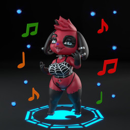 anthro big_breasts black_background black_body black_clothing black_fur black_thong black_topwear black_underwear blue_eyes breasts clothing collar ear_piercing eyebrow_piercing eyelashes facial_markings facial_piercing feet female floppy_ears front_view fur gesture gloves_(marking) gradient_background grey_background head_markings head_tuft leg_markings lop_ears markings musical_note musical_symbol navel navel_piercing pattern_clothing pattern_thong pattern_topwear pattern_underwear piercing purple_nose red_body red_fur simple_background socks_(marking) solo spider_web_print spiked_collar spikes symbol thick_thighs thong tongue tongue_out tongue_piercing topwear tuft underwear wide_hips general_buta animal_crossing nintendo cherry_(animal_crossing) canid canine canis domestic_dog mammal 1:1 3d_(artwork) digital_media_(artwork)