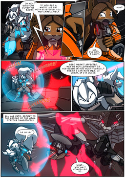 anthro armor bodily_fluids clothing dialogue female group laser_pistol machine male mecha tears text trio kitfox-crimson marble_(kitfox-crimson) russet_(kitfox-crimson) seed_(kitfox-crimson) mammal murid murine rat rodent sciurid tree_squirrel absurd_res comic english_text hi_res