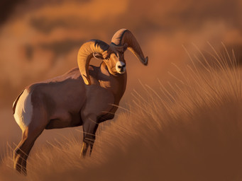 big_horn brown_body brown_fur feral fur grass horn huge_horn looking_aside_at_viewer male markings plant quadruped short_fur solo standing white_markings agustindiazart bighorn_sheep bovid caprine mammal sheep 2025 4:3 hi_res