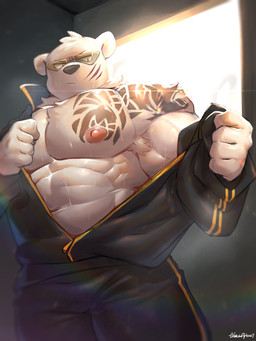 abs anthro barazoku big_muscles biped bodily_fluids bottomwear clothing eyewear glistening glistening_arms glistening_body glistening_bottomwear glistening_clothing glistening_topwear inside jacket male muscular muscular_anthro muscular_male nipples pants pecs scar smile solo standing sunglasses sweat tattoo topwear undressing vorusuarts odd_taxi sekiguchi_(odd_taxi) bear mammal polar_bear ursine 2021 3:4 digital_media_(artwork) digital_painting_(artwork) hi_res painting_(artwork) portrait shaded soft_shading three-quarter_portrait