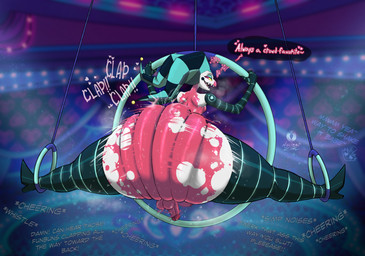 acrobatic ass_clapping balls big_butt bodily_fluids butt butt_focus cheering clown crowd genitals group horn huge_butt looking_at_viewer looking_back looking_back_at_viewer male motion_lines nude onomatopoeia penis performance public simple_background smile smiling_at_viewer solo sound_effects sweat sweatdrop talking_to_another talking_to_self text thick_thighs twerking nuclear_zeel hellaverse helluva_boss fizzarolli_(helluva_boss) demon imp absurd_res english_text hi_res