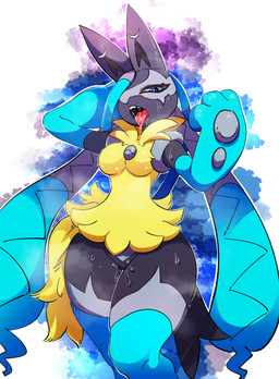 3_fingers ahegao anthro biped blue_eyes bodily_fluids breasts featureless_breasts female fingers front_view fur genital_fluids looking_at_viewer looking_pleasured nude nude_anthro nude_female open_mouth pokemorph simple_background small_breasts solo standing tail teeth thick_thighs tongue tongue_out vaginal_fluids wide_hips lolobot nintendo pokemon pokemon_legends_z-a canid generation_9_pokemon mammal mega_evolution mega_lucario_z pokemon_(species) 2025 digital_drawing_(artwork) digital_media_(artwork) hi_res