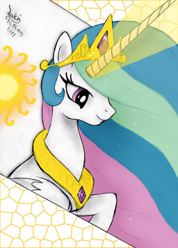armor crown feathered_wings feathers female feral fur hair headgear horn jewelry magic multicolored_hair pink_eyes princess purple_eyes rainbow_hair royalty simple_background smile solo sun toony white_body white_feathers white_fur wings joakaha friendship_is_magic hasbro my_little_pony mythology princess_celestia_(mlp) equid equine mammal mythological_creature mythological_equine winged_unicorn 2011 hi_res