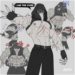 abs anthro arm_scar athletic athletic_anthro athletic_male belt biceps black_bottomwear black_clothing black_pants bodily_fluids bottomwear chest_scar chibi claws clothing cross-popping_vein dialogue feathers fingerless_gloves gloves handwear hood male nipples pants pecs plague_doctor scar shirtless_male solo straps sweat sweatdrop tears text white_body white_feathers amon-sydonai scp_foundation claude_(amon-sydonai) fan_character scp-049 avian bird english_text hi_res