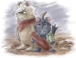 anthro biped blue_body brown_body clothed clothing duo food micro outside style_emulation d_manpuku gamba_no_bouken gamba_no_bouken_(series) gundam mobile_suit_gundam:_iron-blooded_orphans mammal mouse murid murine rodent 2018