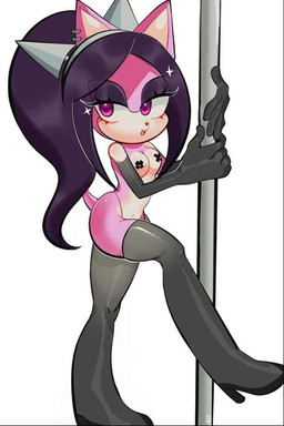 anthro armwear boots breasts clothing dancing ear_piercing ear_ring elbow_gloves female footwear gloves handwear high_heeled_boots high_heels latex latex_boots latex_clothing latex_footwear latex_gloves latex_handwear legwear looking_at_viewer pasties piercing pole pole_dancing purple_eyes ring_piercing shoes simple_background small_breasts solo string_panties thigh_boots thigh_highs white_background misooh sega sonic_the_hedgehog_(series) fan_character star_the_spineless_hedgehog eulipotyphlan hedgehog mammal