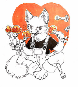 4_toes ambiguous_gender anthro barefoot biped black_clothing black_topwear bottomwear cheek_tuft clothed clothing cutlery eating facial_tuft fangs feet food fork front_view fully_clothed fur heart_symbol holding_object holding_tool inner_ear_fluff kitchen_utensils meat neck_tuft open_mouth open_smile overalls pants paws ribbons shirt simple_background sitting smile solo t-shirt tail teeth toes tongue tongue_out tools topwear tuft whiskers white_background white_body white_fur kyokyota domestic_cat felid feline felis mammal 2017 full-length_portrait hi_res portrait traditional_media_(artwork)