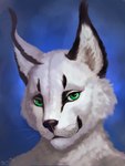 fur green_eyes simple_background smile solo white_body white_fur dimonis felid feline lynx mammal 2022 3:4 bust_portrait hi_res portrait signature watermark