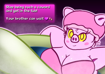 anthro bathtub big_breasts blush breasts clothing dialogue eyelashes female hair headgear headwear looking_at_viewer pig_nose pink_body pose short_hair shower_cap smile swimwear text_box water yellow_eyes naked_dan luigi's_mansion mario_bros nintendo miss_petunia domestic_pig ghost human mammal spirit suid suine sus_(pig) hi_res