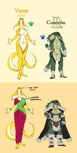 5_fingers 5_toes abs anthro astrological_symbol boots bottomwear breasts cape clothed clothed_anthro clothed_female clothing dress duo feet female fingers foot_wraps footwear genitals green_body green_scales hand_wraps humanoid_feet humanoid_hands libra_(symbol) loincloth muscular muscular_anthro muscular_female nipples nude nude_anthro nude_female plantigrade pubic_tattoo scales scorpio_(symbol) shoes standing symbol tail tattoo text toes vulva western_zodiac_symbol wraps yellow_body yellow_scales zummeng cornelia_(zummeng) venus_(zummeng) cobra reptile scalie snake absurd_res character_name english_text hi_res model_sheet
