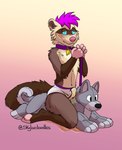 anthro biped bodily_fluids briefs brown_body brown_fur clothed clothing collar collar_tag erection erection_under_briefs erection_under_clothing fur genital_fluids gradient_background hair holding_own_leash hypnosis hypnotic_eyes kneeling leash male male_peeing mind_control peeing plushie purple_collar purple_hair purple_leash ringed_eyes simple_background solo tan_body tan_fur topless underwear urine urine_pool watersports wetting yellow_urine skylardoodles astro_(astro_ferret) domestic_ferret mammal mustelid musteline true_musteline weasel 2022 absurd_res artist_name digital_media_(artwork) hi_res shaded