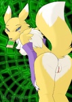 anthro anus bent_arm black_sclera blue_eyes breasts butt butt_heart card card_in_mouth digimon_card female fur gender_symbol genitals hand_on_leg hand_on_own_leg hand_on_own_thigh hand_on_thigh heart_symbol holding_leg holding_thigh looking_at_viewer looking_back looking_back_at_viewer male_symbol mouth_hold multicolored_body multicolored_fur nipples object_in_mouth presenting presenting_anus presenting_hindquarters presenting_pussy pussy raised_tail rear_view solo symbol tail text trading_card white_body white_fur yellow_body yellow_fur helsy bandai_namco digimon digimon_tcg canid canine digimon_(species) mammal renamon digital_media_(artwork)