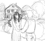 anthro black_and_white blush breasts building canid canine carol_(hladilnik) clothed clothing daniel_(hladilnik) dialogue duo english_text female fur hair hand_holding hladilnik house long_hair male male/female mammal monochrome outside romantic romantic_couple simple_background sketch smile standing text topwear white_background