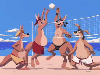 accessory anthro backwards_baseball_cap backwards_hat baseball_cap beach beach_volleyball belly black_clothing black_nose black_speedo black_swimwear brown_body brown_fur clothed clothing cloud eyewear eyewear_on_head fur glasses goggles goggles_on_head group hat headband headgear headwear humanoid_hands jumping male navel net open_mouth outdoor_background outside overweight overweight_anthro overweight_male pink_tongue plantigrade sea sky speedo sport swimming_trunks swimwear tongue topless topless_anthro topless_male volleyball volleyball_net water wearing_glasses ty_pesh kangoo archie_(kangoo) kevin_(kangoo) napo_(kangoo) nelson_(kangoo) kangaroo macropod mammal marsupial 2026 4:3 better_version_at_paywall digital_drawing_(artwork) digital_media_(artwork) english_description hi_res