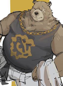 anthro brown_body brown_fur clothing eye_scar facial_scar fur jewelry male necklace overweight overweight_male scar shirt solo tank_top topwear vjb mihoyo zenless_zone_zero ben_bigger bear mammal hi_res