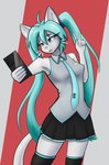 anthro blue_eyes blue_hair bottomwear cellphone clothing electronics female gesture hair hand_gesture long_hair phone simple_background skirt smartphone solo v_sign observerdoz vocaloid hatsune_miku domestic_cat felid feline felis mammal absurd_res hi_res