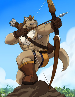 5_fingers abs anthro armpit_hair arrow_(weapon) black_nose body_hair boots bow_(weapon) brown_hair chest_hair clothed clothed_anthro clothed_male clothing fangs fingers footwear fur gloves hair handwear humanoid_hands male muscular muscular_anthro muscular_male nipples outside quiver_(object) ranged_weapon shoes solo tail tan_body tan_fur teeth topless topless_anthro topless_male weapon shade_the_wolf canid canine canis mammal wolf 2026 hi_res