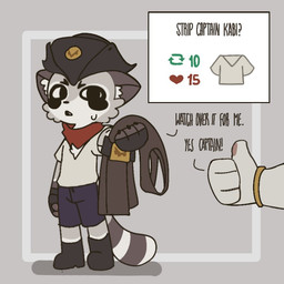 anthro belt black_eyes boots bottomwear clothing duo footwear fur gesture gloves grey_body grey_fur hand_gesture handwear like_goal male markings pea_coat pirate_hat retweet_goal scarf shirt shoes shorts simple_background solo_focus strip_game striped_markings striped_tail stripes t-shirt tail tail_markings text thumbs_up topwear undressing young young_anthro young_male capnkabi kabi_(capnkabi) silver_(capnkabi) mammal procyonid raccoon 1:1 colored english_text