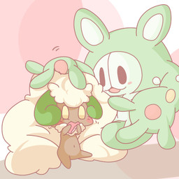 :3 blush comforting eating motohashi_hayashi navel pink_background simple_background nintendo pokemon generation_5_pokemon pokemon_(species) reuniclus whimsicott 1:1 low_res