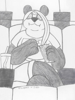 anthro beverage black_body black_fur black_nose box candy chair clothed clothing container cup dessert drinking_straw eating eating_food female food fur fur_markings furniture hair inside markings round_ears sitting slightly_chubby solo white_body white_fur white_hair lunarpanda8686 mika_(lunarpanda8686) bear giant_panda mammal ursine graphite_(artwork) hi_res traditional_media_(artwork)