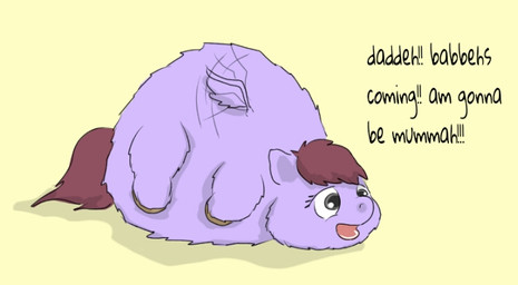baby_talk brown_hair brown_tail dialogue eyelashes female feral flapping_wings fur grey_eyes hair happy hooves lying morbidly_obese obese offscreen_character on_front open_mouth overweight pregnant pregnant_female purple_body purple_fur side_view simple_background smile solo tail talking_to_another teeth text underage_pregnancy wings yellow_background young young_female young_feral carpdime fluffy_pony mythology equid equine fluffy_pony_(species) mammal mythological_creature mythological_equine pegasus 2014 digital_media_(artwork) english_text shaded