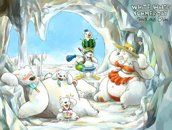 anthro bikini breasts cave clothed clothing colored_edge_bikini detailed_background family female flat_chested food fruit fur group kemono male melon plant semi-anthro skimpy swimwear text triangle_bikini two-piece_swimsuit watermelon white_body white_fur young utsuki_maito bear mammal polar_bear ursine 2003 english_text