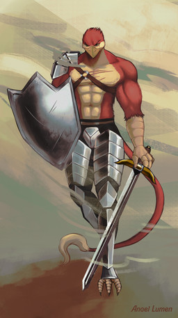 3_toes 4_fingers abs alternate_species anthro armor beak beak_closed bent_leg black_bottomwear black_claws black_clothing blonde_tail_tuft bottomwear chest_scar claws closed_frown clothed clothed_anthro clothed_male clothing desert eye_scar facial_scar feathers feet fingers frown furrowed_eyebrows greaves green_eyes holding_melee_weapon holding_object holding_sword holding_weapon light long_tail male male_anthro melee_weapon mouth_closed multicolored_body multicolored_feathers muscular muscular_anthro muscular_male navel non-mammal_navel outside pauldron pecs pink_scar red_body red_feathers red_tail sand scar serious_face shield shirtless_anthro shirtless_male solo sword tail talon_hands talons text toe_claws toes two_tone_body two_tone_feathers walking weapon yellow_beak yellow_body yellow_feathers angellumen mythology arix_(arix0) avian gryphon mythological_avian mythological_creature 2023 absurd_res artist_name colored digital_drawing_(artwork) digital_media_(artwork) english_description hi_res lighting shaded