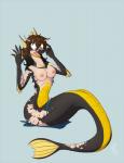 2019 anthro apode blue_eyes breasts brown_hair clothing draconcopode female hair human_to_anthro legless naga nipples non-mammal_breasts non-mammal_nipples nude open_mouth reptile scalie sea_serpent sepisnake serpentine simple_background snake solo species_transformation surprise tomek1000_(character) torn_clothing transformation