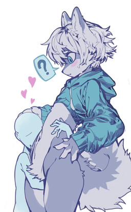 ambiguous_gender anthro belly blue_eyes blush bottomless butt clothed clothing confusion duo featureless_crotch femboy fluffy fluffy_tail fur grey_body grey_fur hair headpat heart_symbol hoodie hoodie_only hug hugging_legs inner_ear_fluff looking_down male navel question_mark short_hair side_butt slim tail thick_thighs topwear topwear_only tuft magic_dream00 anon canid canine canis human mammal wolf hi_res