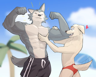 abs anthro anthro_on_anthro barazoku bicep_grab biceps big_muscles black_clothing black_eyebrows black_nose black_swimming_trunks black_swimwear blurred_background body_worship bottomwear chest_grab clothed clothing cloud day duo emanata eyebrows eyes_closed fist flexing flexing_bicep flexing_both_biceps fur furgonomics grey_body grey_fur hand_on_arm hand_on_chest hand_on_pecs heart_symbol male male/male motion_lines muscle_worship muscular muscular_anthro muscular_male navel obliques open_mouth open_smile outside palm_tree pec_grab pecs plant red_clothing red_speedo red_swimwear scar size_difference sky smile speedo speedo_only standing swimming_trunks swimwear tail tail_motion tailwag tan_body tan_fur teeth tongue topless topless_anthro topless_male tree tuft white_body white_fur jrjresq beastars jack_(beastars) legoshi_(beastars) bird_dog canid canine canis domestic_dog hunting_dog labrador mammal retriever wolf 2022 5:4 hi_res