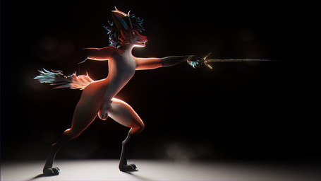 action_pose animal_genitalia anthro antlers backlighting balls biped black_background casual_nudity digitigrade femboy fencing fully_sheathed genitals hair horn inside light male male_anthro melee_weapon nude nude_anthro nude_male pointing_sword pose sheath short_hair side_view simple_background solo spotlight spotlight_beam standing sword weapon wings sanythefox sany_van_fox lagomorph mammal wolpertinger 16:9 3d_(artwork) 4k absurd_res digital_media_(artwork) full-length_portrait hi_res lighting portrait shaded soft_shading widescreen