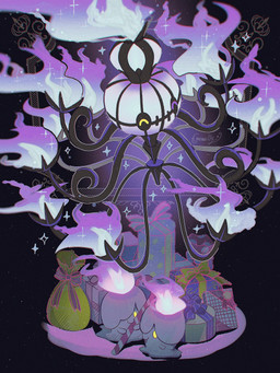 ambiguous_gender bodily_fluids candy candy_cane candy_in_mouth colored_fire dessert eyes_closed fire food gift group holidays one_eye_obstructed open_mouth purple_fire sack saliva sparkles trio yellow_eyes umearamy christmas nintendo pokemon pokemon_legends_z-a animate_inanimate generation_5_pokemon generation_9_pokemon litwick mega_chandelure mega_evolution pokemon_(species) 2025 3:4 hi_res signature