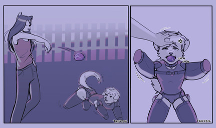 arm_bindings bdsm bent_legs bitchsuit blue_border bondage bondage_gear border bound collar fetch frustrated key leg_binders lock male male/male petplay predicament_bondage roleplay trickdog canid canine mammal absurd_res hi_res