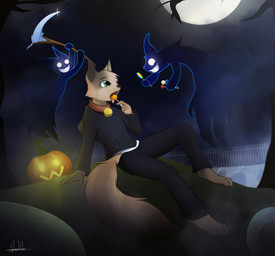 anthro barefoot bell bell_collar blue_eyes brown_body brown_fur candy cemetery clothed clothing collar cutie_mark dessert evil_grin feet fence fog food fruit full_moon fur grin group holding_candy holding_food holding_lollipop holding_object holidays hoodie imminent_death jack-o'-lantern licking_candy licking_lollipop licking_object lollipop male melee_weapon moon night open_mouth owo plant polearm pumpkin scythe sitting smile text tongue tongue_out topwear translucent tree weapon white_eyes giru_(artist) halloween hasbro my_little_pony domestic_cat felid feline felis ghost mammal spirit character_request