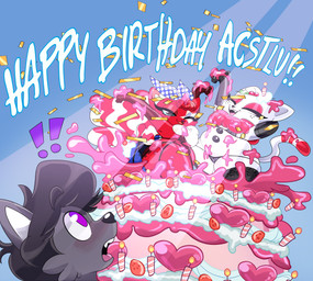 ambiguous_gender anthro belly black_clothing black_gloves black_hair black_handwear black_lingerie blue_sclera bra butt cake candle cartoon_freckles clothing confetti dessert exclamation_point eyes_closed eyeshadow fangs female feral food freckled_face freckles fruit fur garter_straps gloves grey_body grey_fur group hair handwear happy_birthday heart_symbol icing icing_on_body lace_bra lace_panties lace_thigh_highs legwear light light_beam lingerie makeup markings mascara mistletoe multicolored_body multicolored_fur one_eye_closed open_mouth plant pop_out_cake purple_eyes red_body red_eyeshadow red_fur red_hair ruff star_(marking) strawberry striped_markings striped_tail stripes sunbeam sunlight tail tail_markings teeth text thick_thighs thigh_highs trio underwear unknown_artist junipurr phursie summurr_murrica canid canine domestic_cat felid feline felis fox mammal absurd_res english_text hi_res
